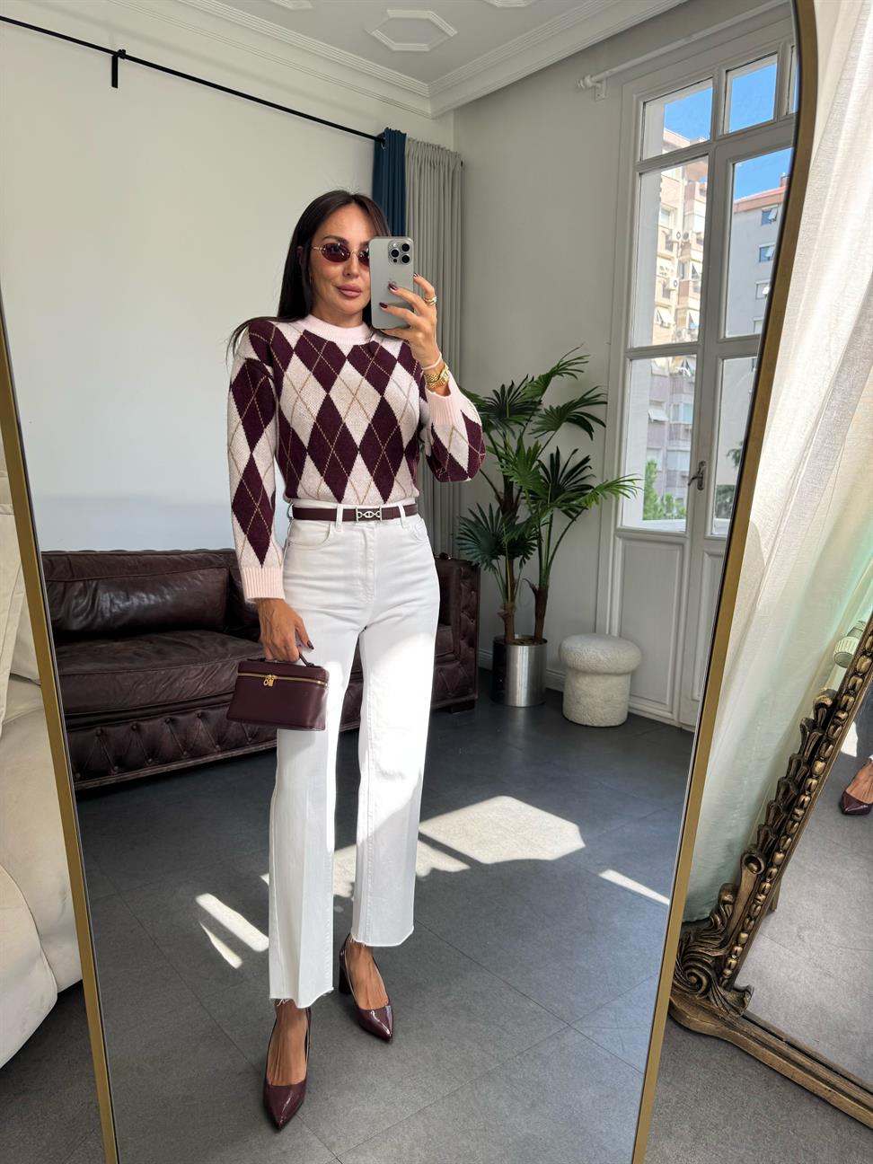 Bordo-Pembe Baklava Desen Kazak