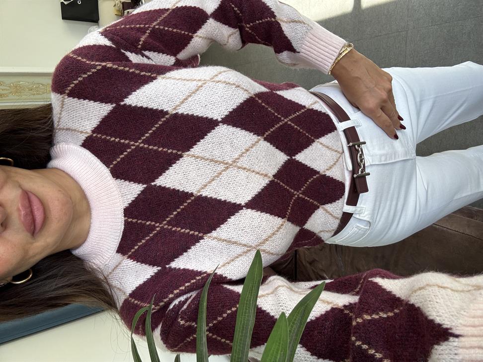 Bordo-Pembe Baklava Desen Kazak