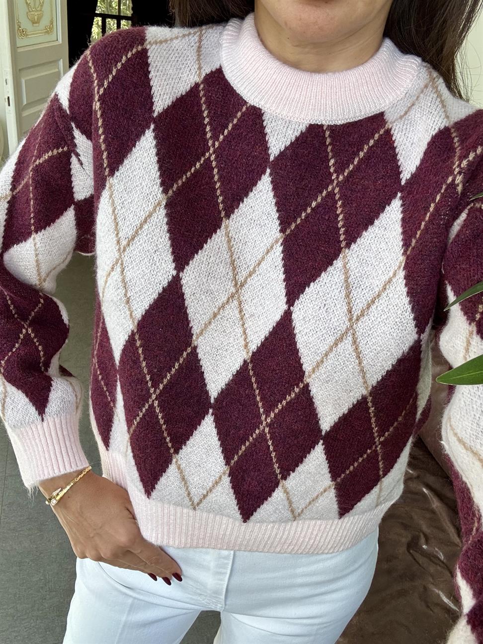 Bordo-Pembe Baklava Desen Kazak