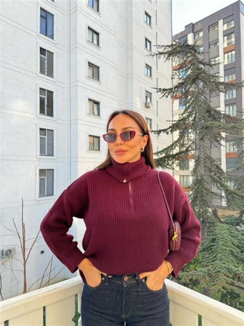 Bordo Polo Yaka Fermuarlı Kazak