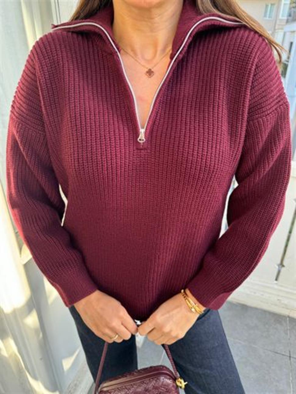 Bordo Polo Yaka Fermuarlı Kazak