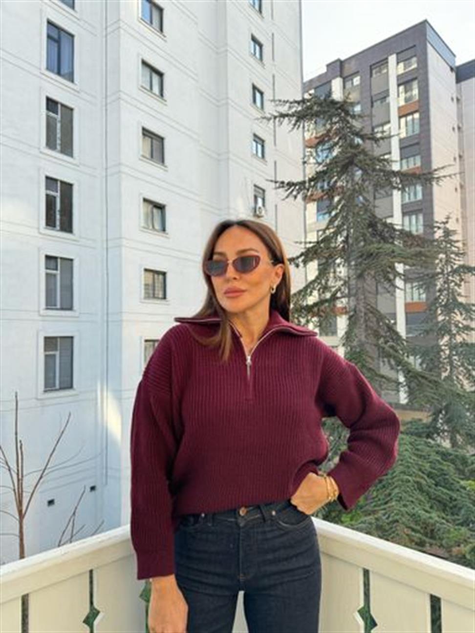 Bordo Polo Yaka Fermuarlı Kazak