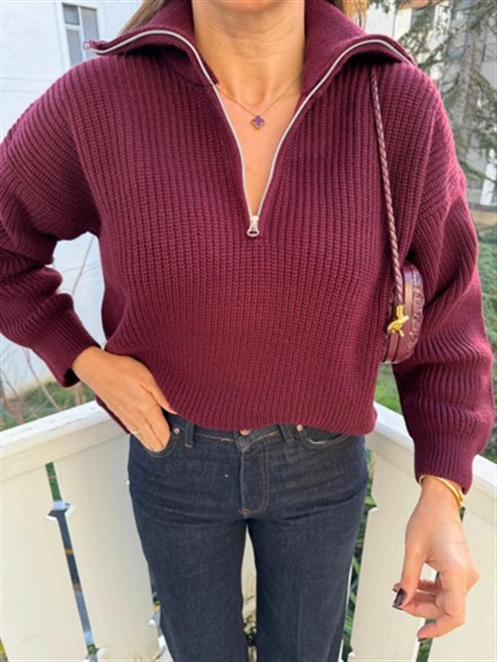 Bordo Polo Yaka Fermuarlı Kazak