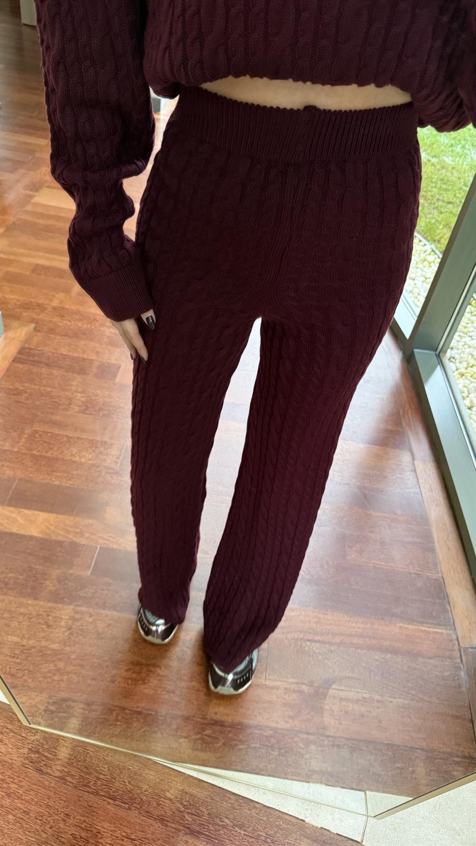 Bordo Saç Örgülü Pantolonlu Takım