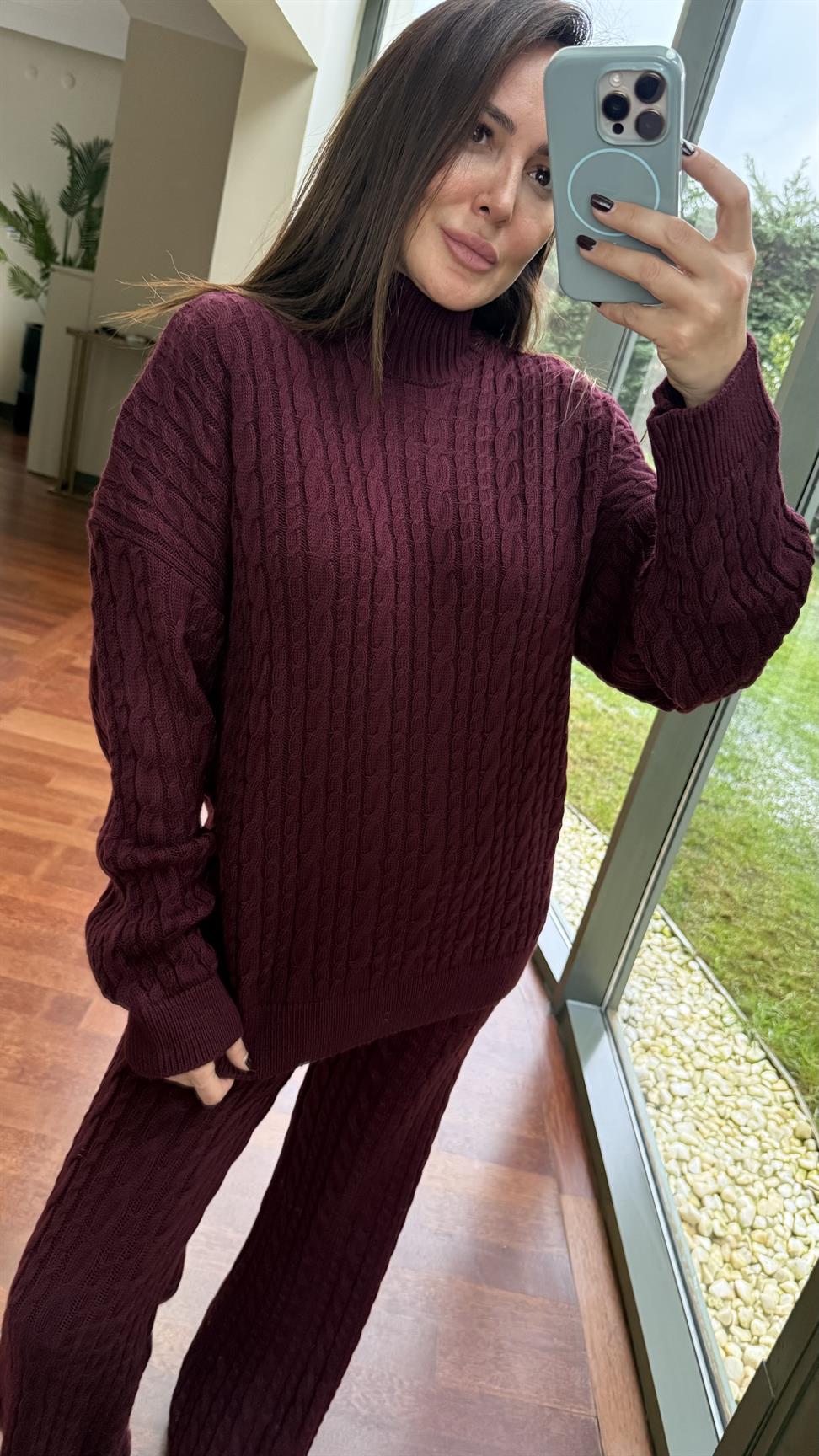 Bordo Saç Örgülü Pantolonlu Takım