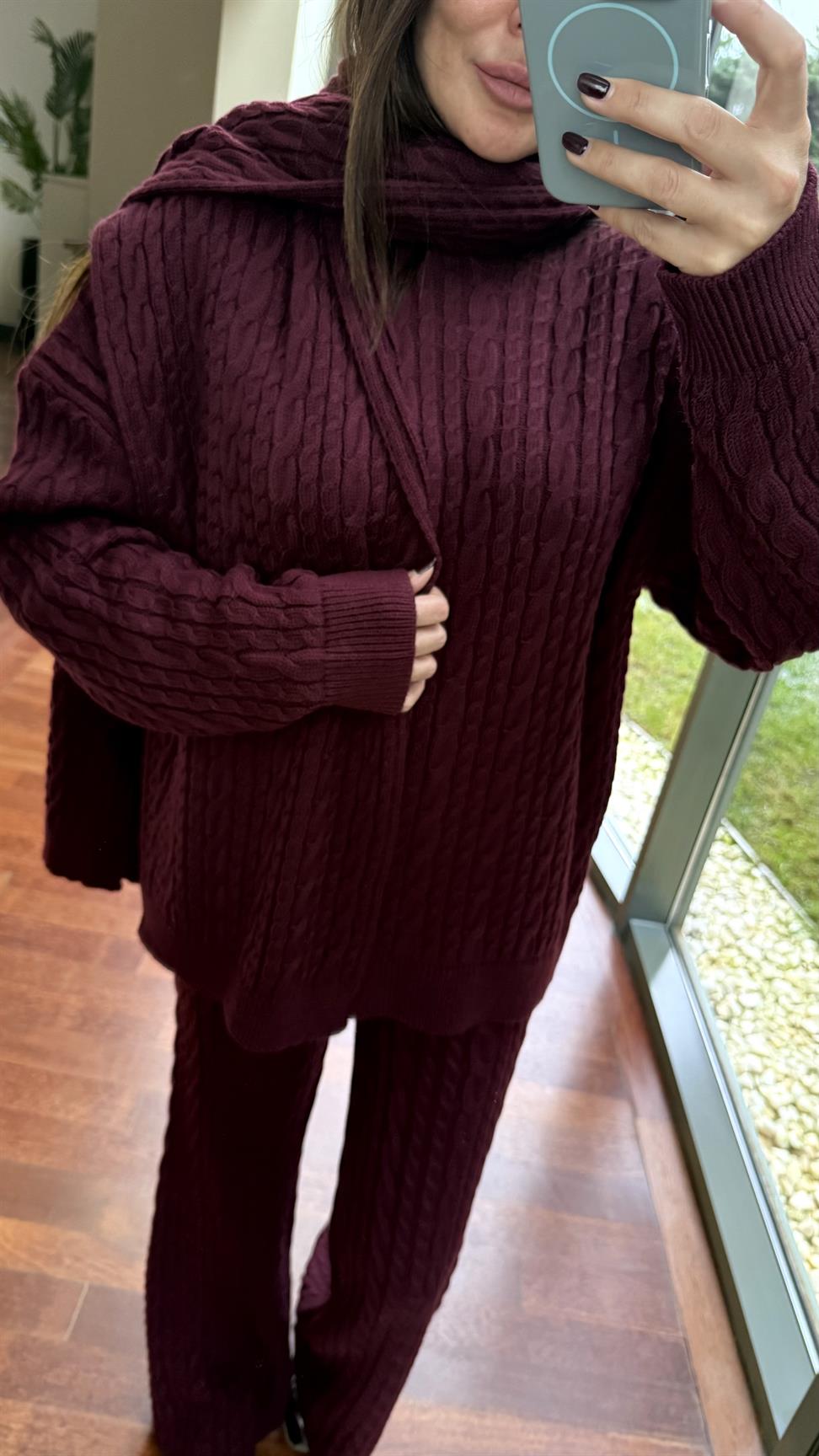Bordo Saç Örgülü Pantolonlu Takım