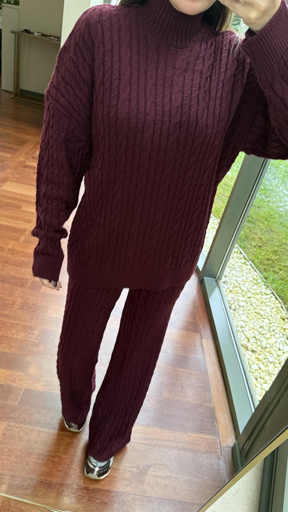 Bordo Saç Örgülü Pantolonlu Takım