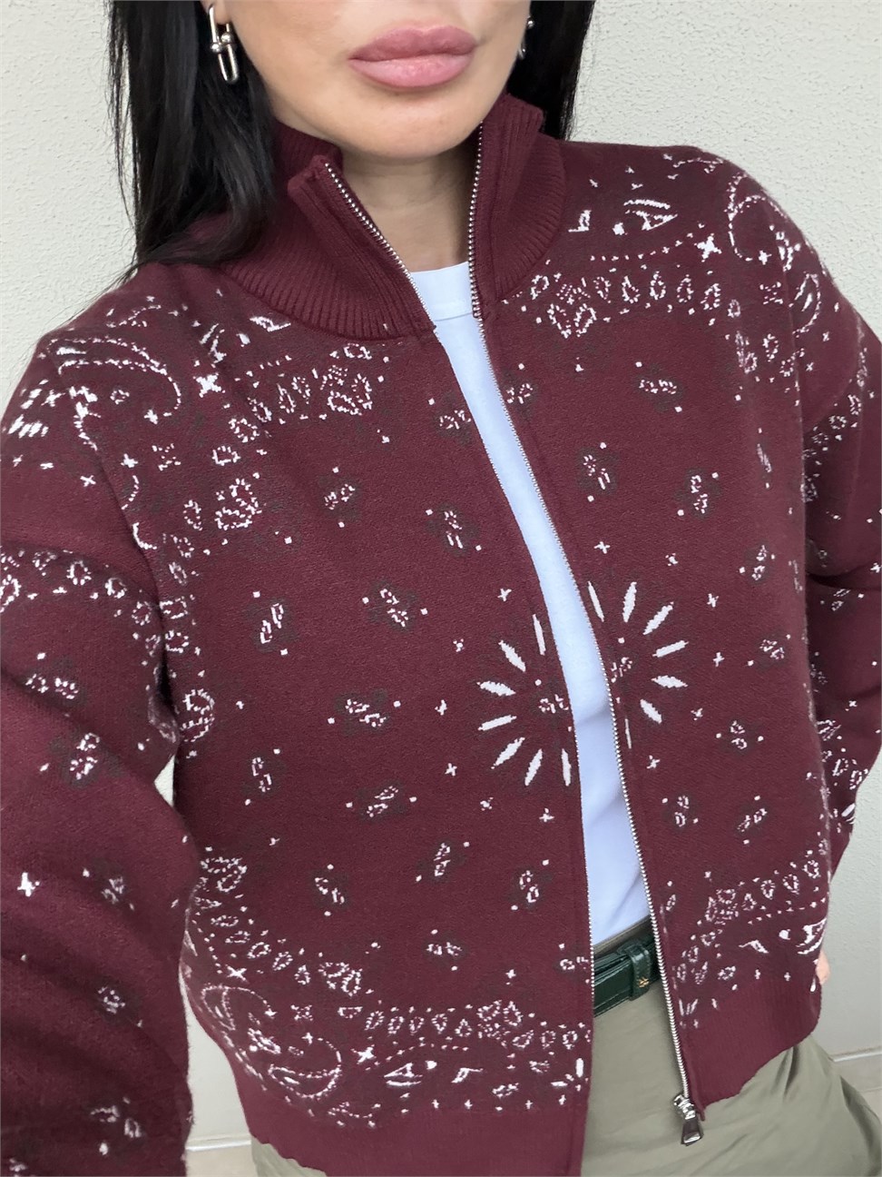 Bordo Şal Desen Fermuarlı Triko Hırka