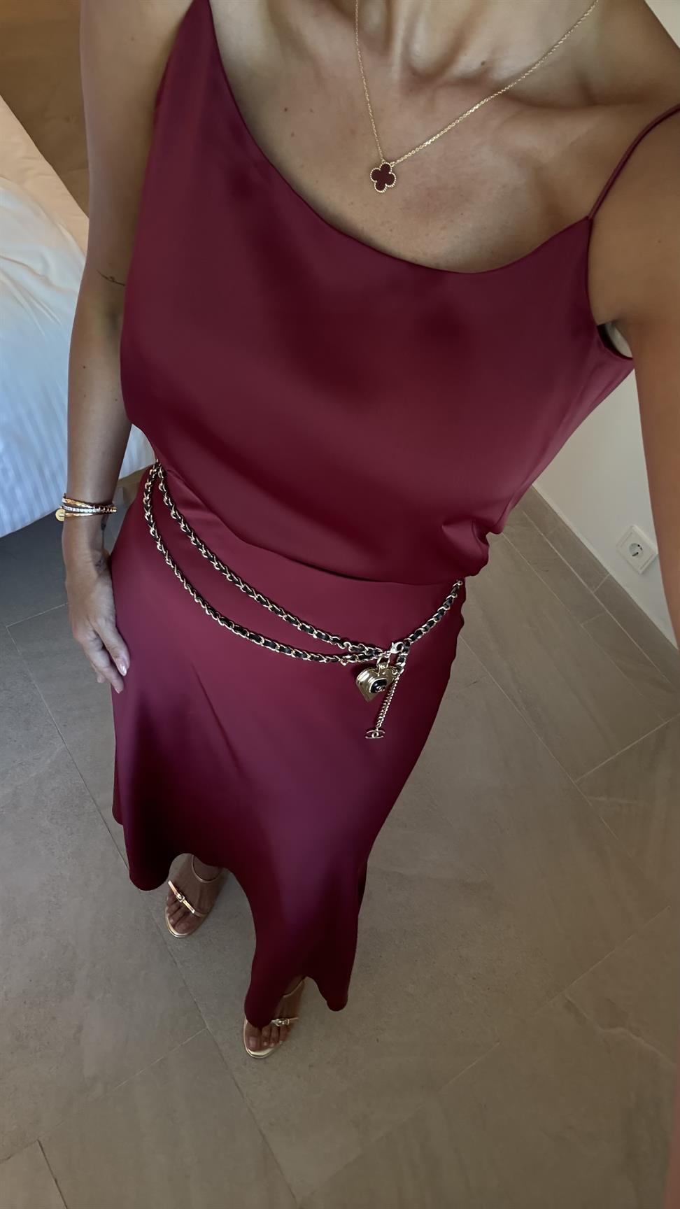 Bordo Saten Etek Bluz İkili Takım