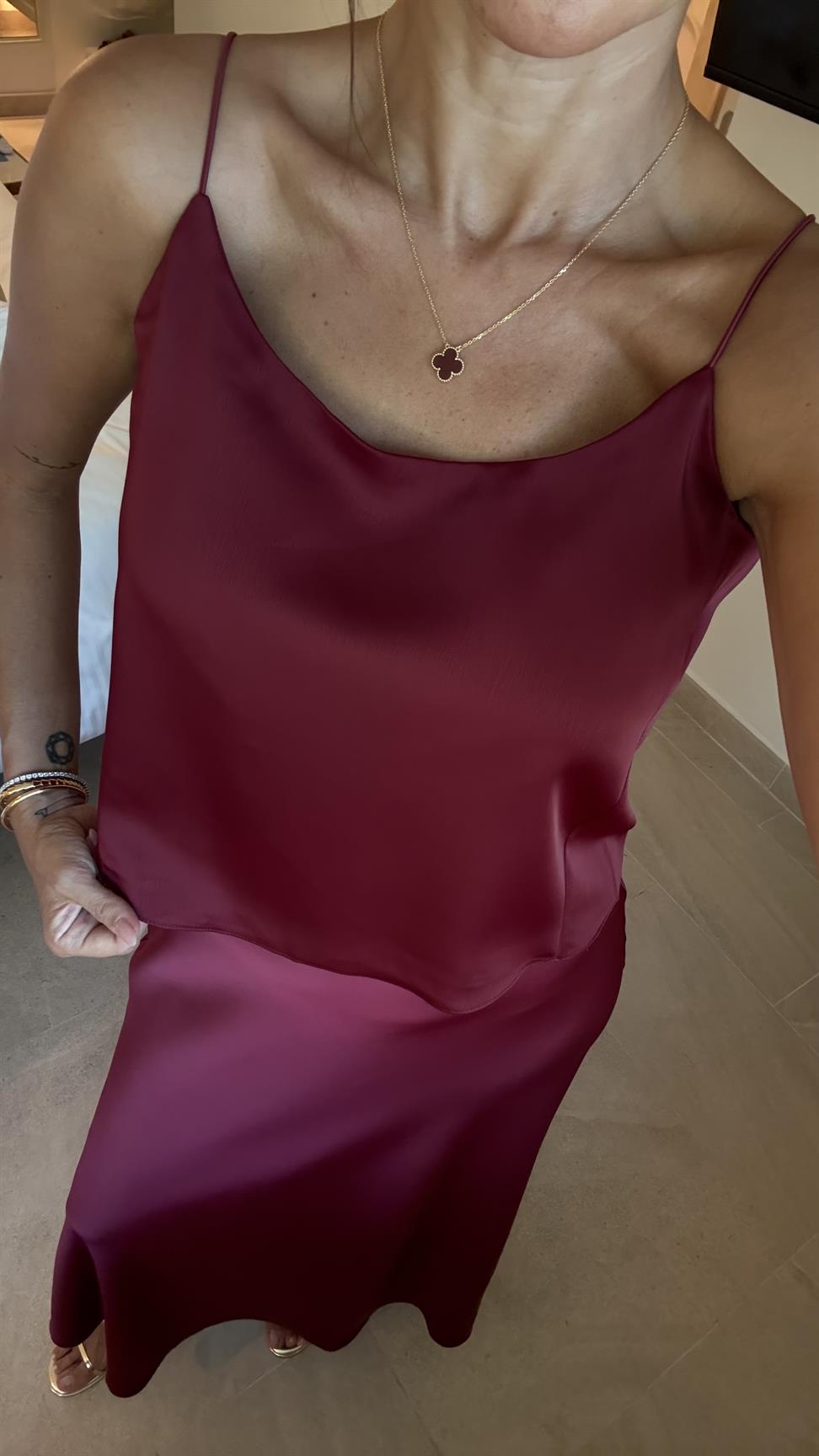 Bordo Saten Etek Bluz İkili Takım