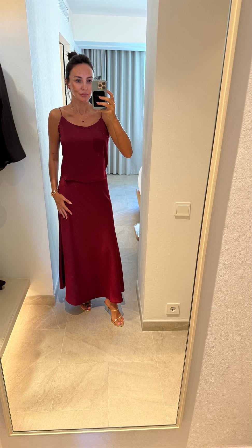 Bordo Saten Etek Bluz İkili Takım