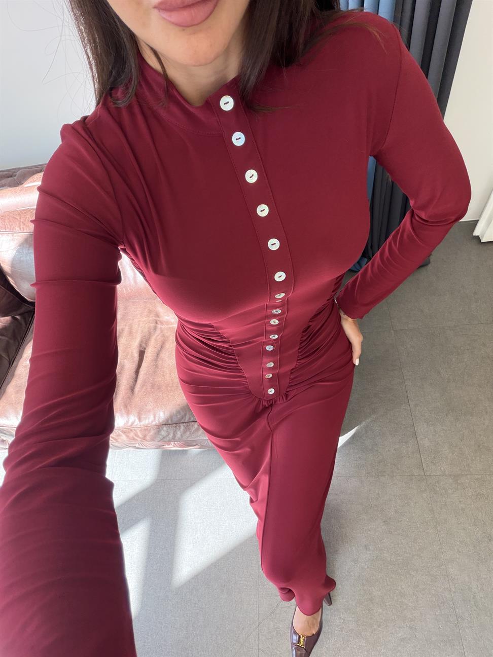 Bordo Sedef Düğmeli Elbise