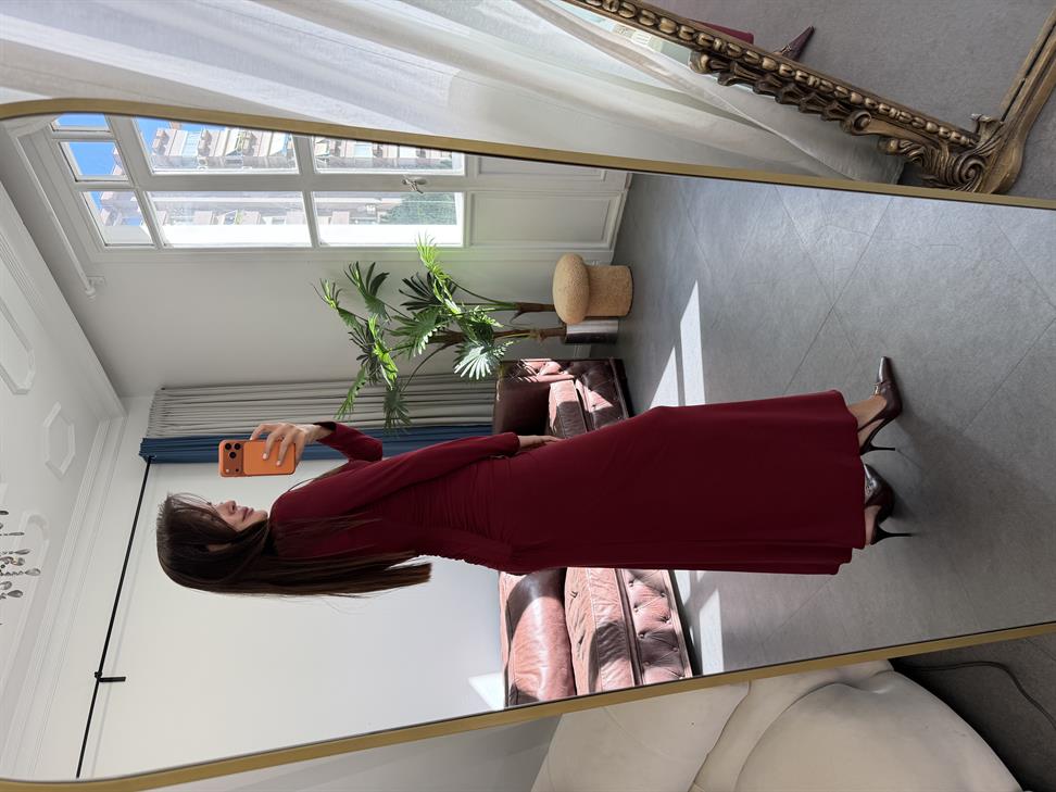 Bordo Sedef Düğmeli Elbise