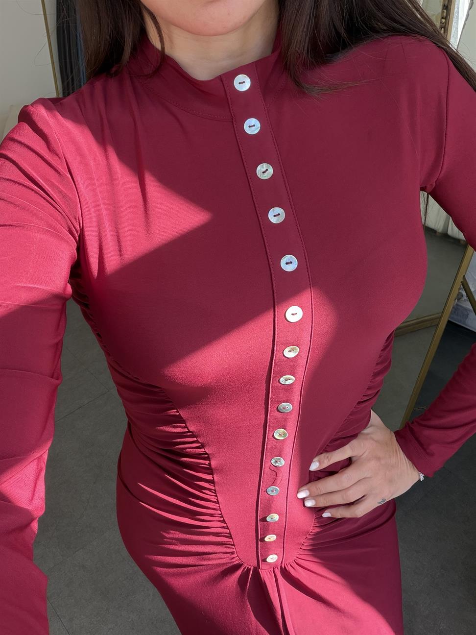 Bordo Sedef Düğmeli Elbise