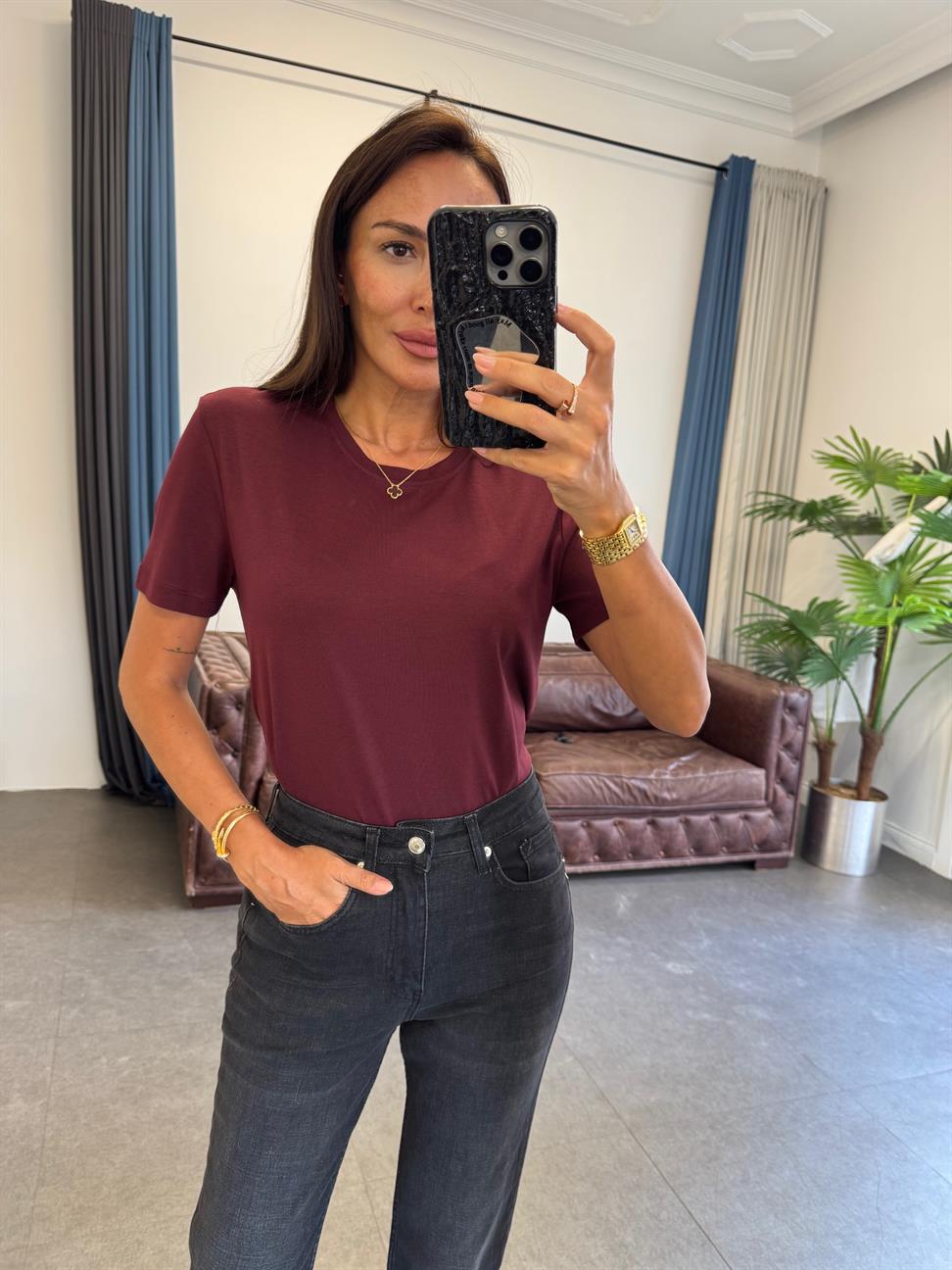 Bordo Sıfır Yaka Basic Tişört