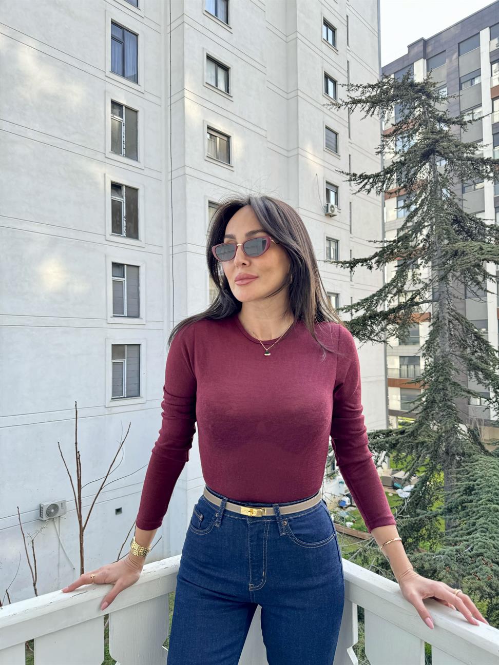 Bordo Sıfır Yaka Yarı Transparan Bluz