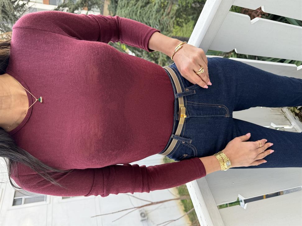 Bordo Sıfır Yaka Yarı Transparan Bluz