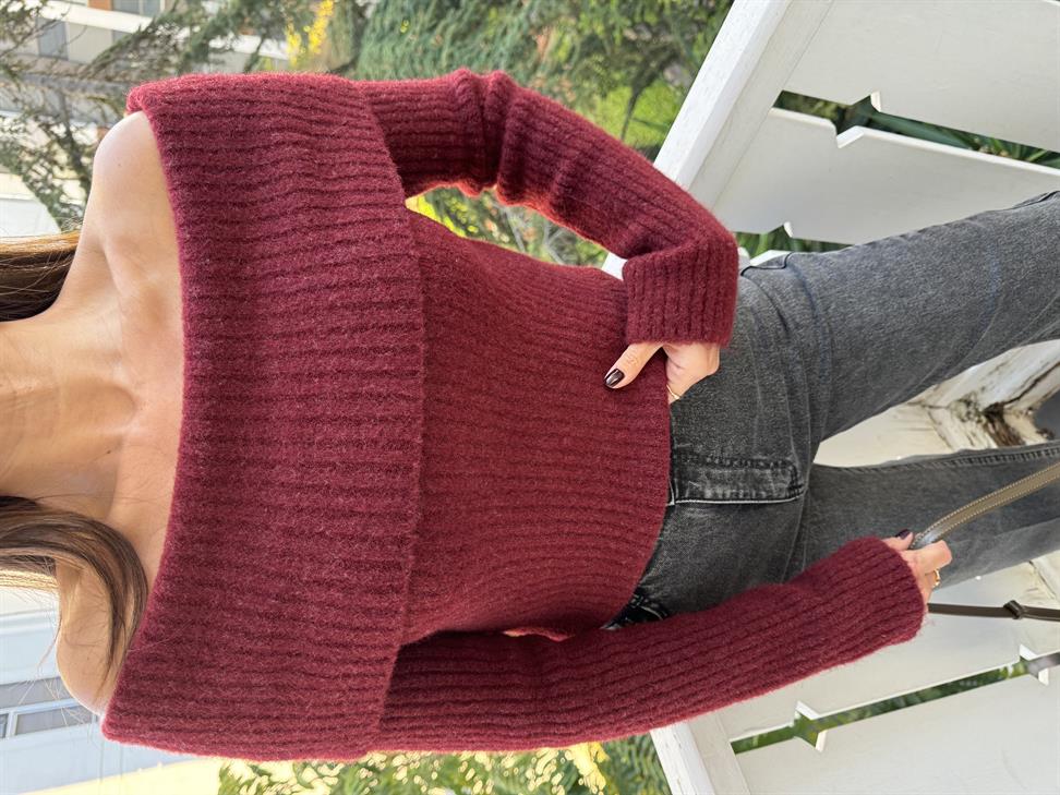 Bordo Soft Doku Bardot Yaka Fitilli Kazak