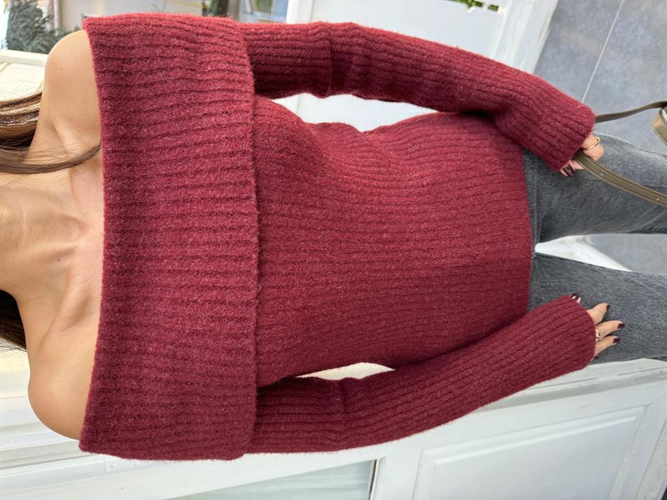 Bordo Soft Doku Bardot Yaka Fitilli Kazak