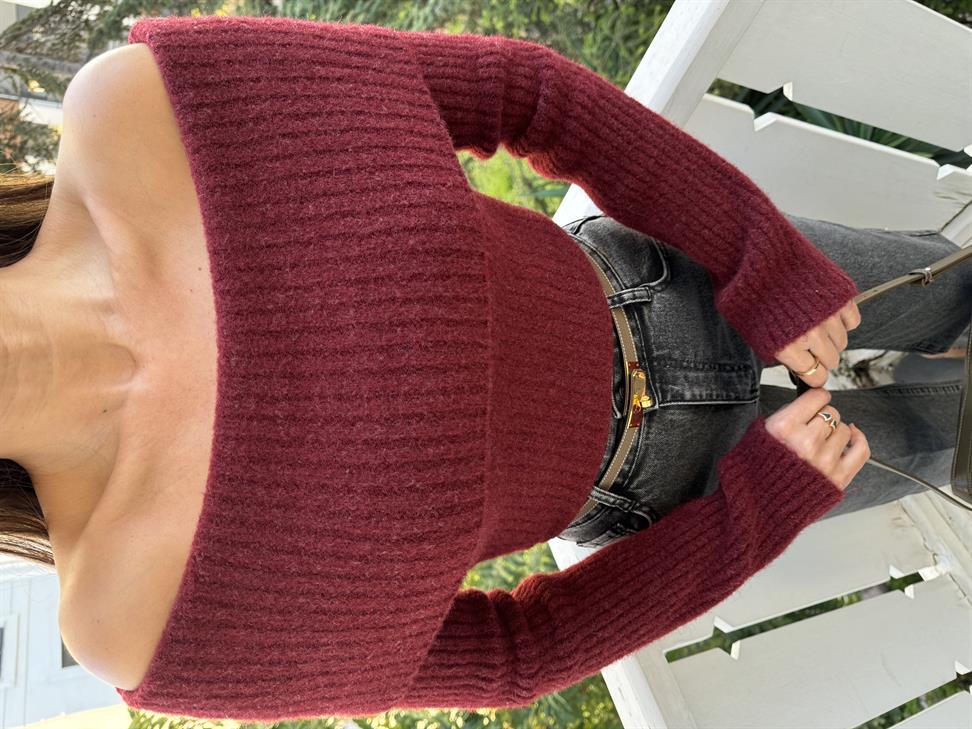 Bordo Soft Doku Bardot Yaka Fitilli Kazak