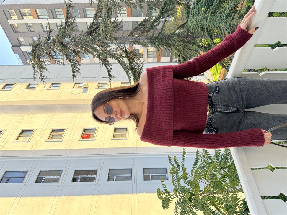 Bordo Soft Doku Bardot Yaka Fitilli Kazak