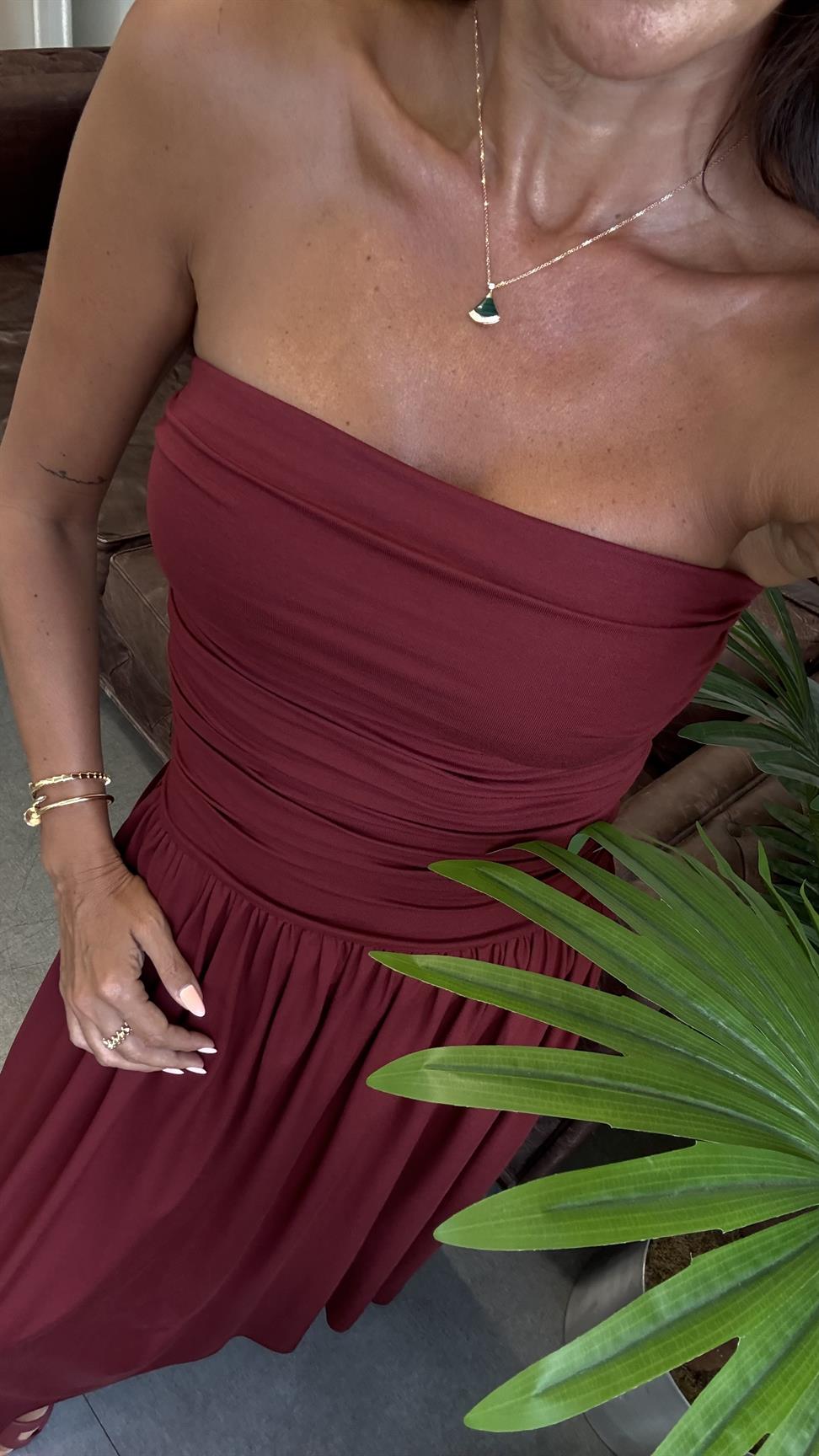 Bordo Straplez Büzgülü Elbise