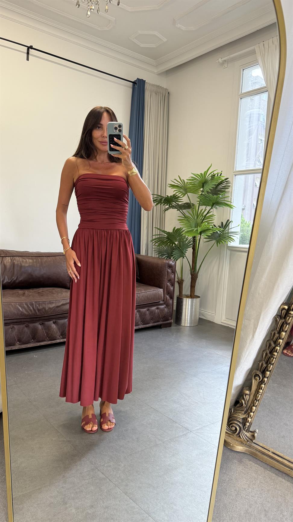 Bordo Straplez Büzgülü Elbise