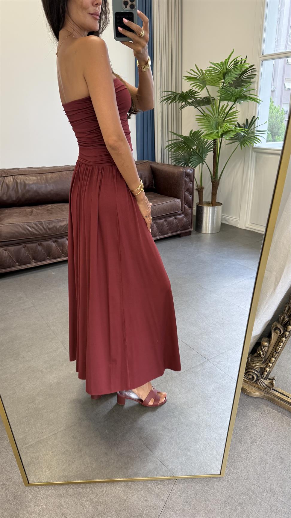 Bordo Straplez Büzgülü Elbise