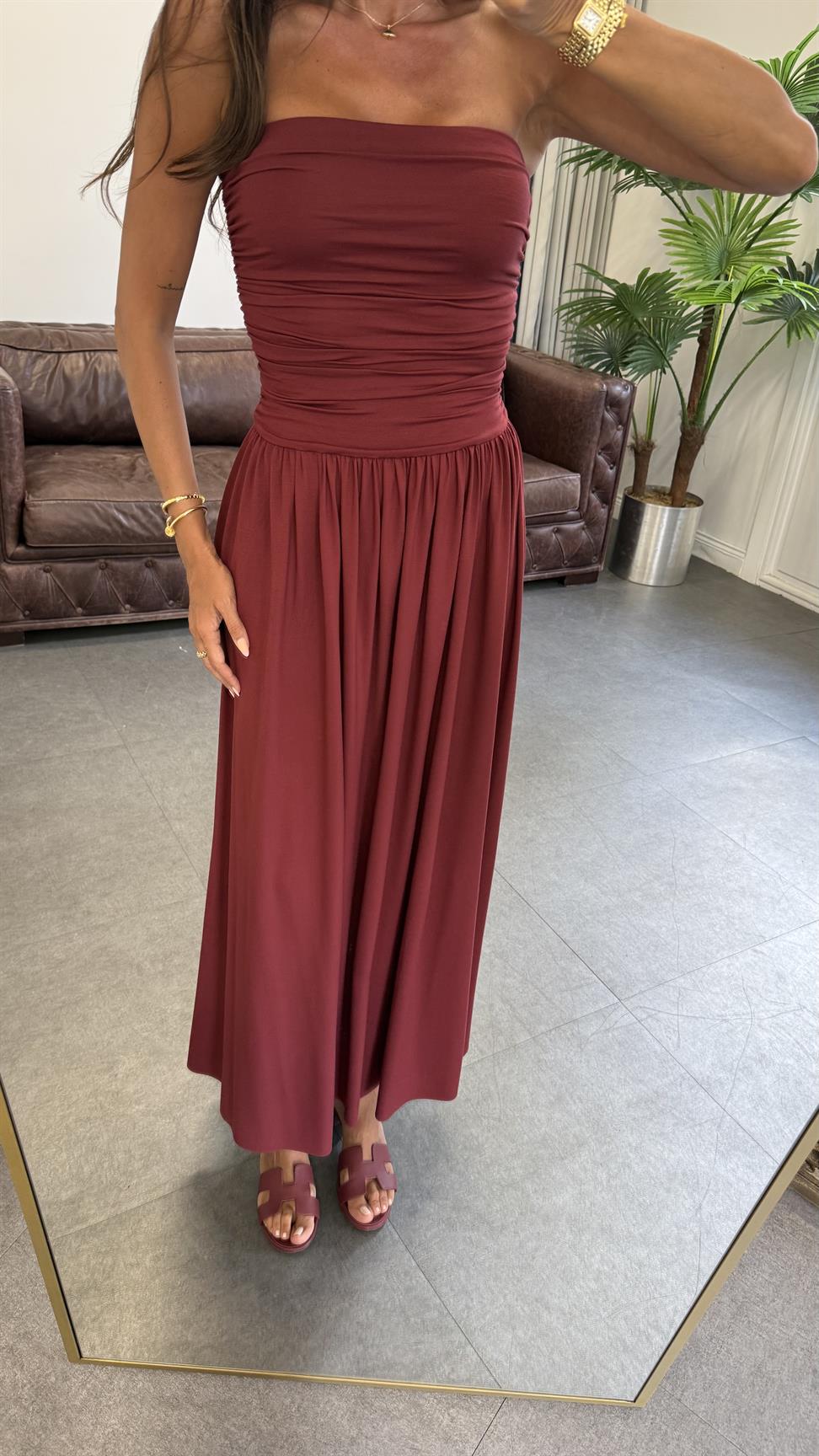 Bordo Straplez Büzgülü Elbise