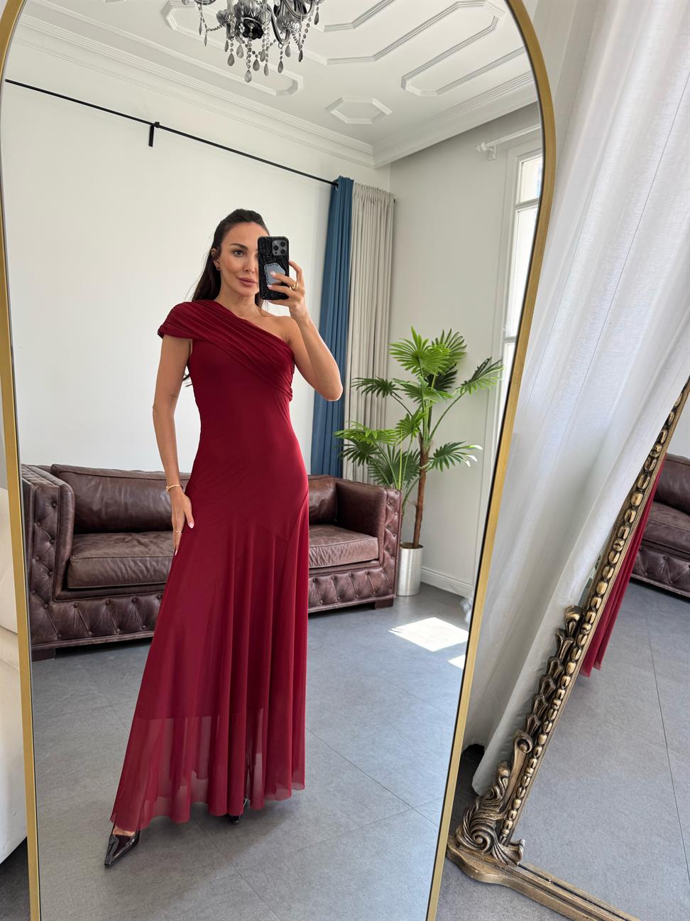 Bordo Tek Omuz Şifon Elbise