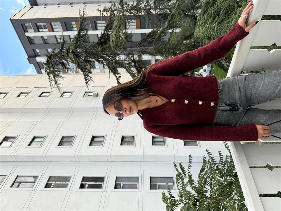 Bordo V Yaka Düğmeli Triko Hırka
