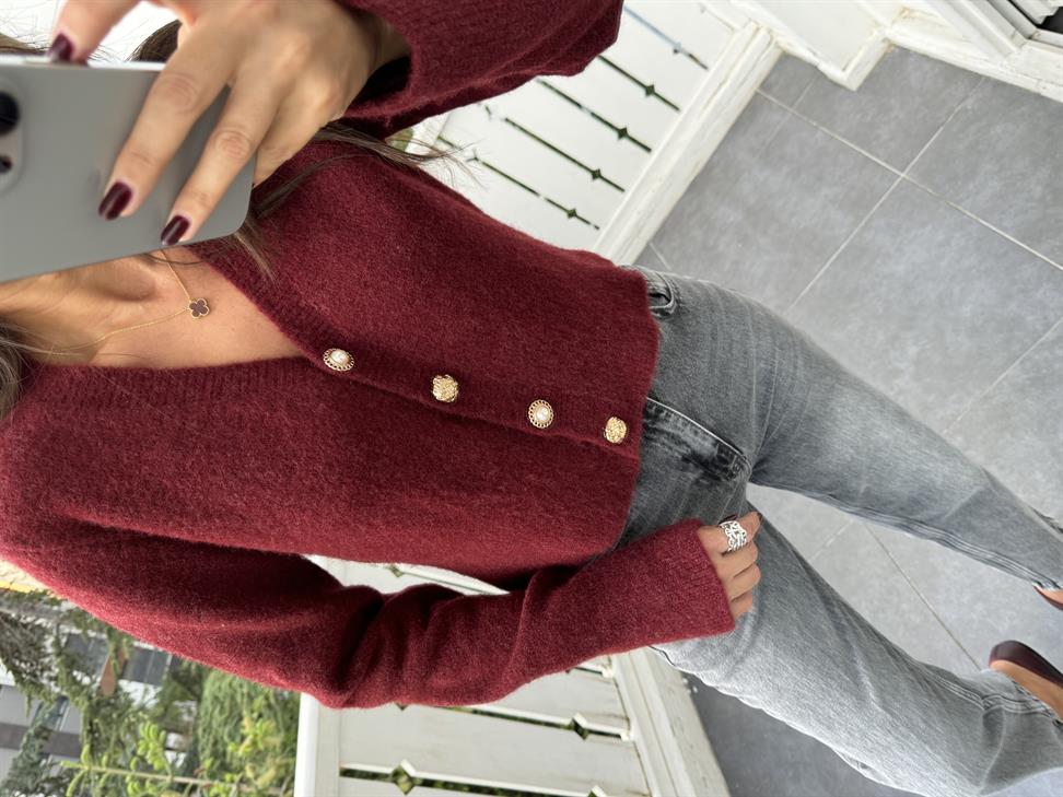 Bordo V Yaka Düğmeli Triko Hırka