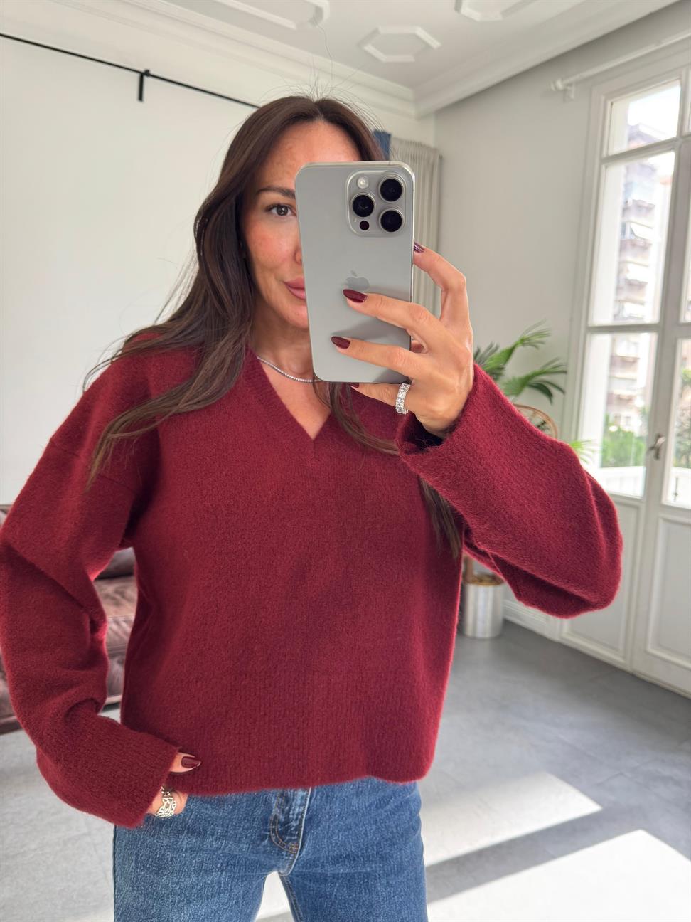 Bordo V Yaka Yumuşak Dokulu Triko Kazak