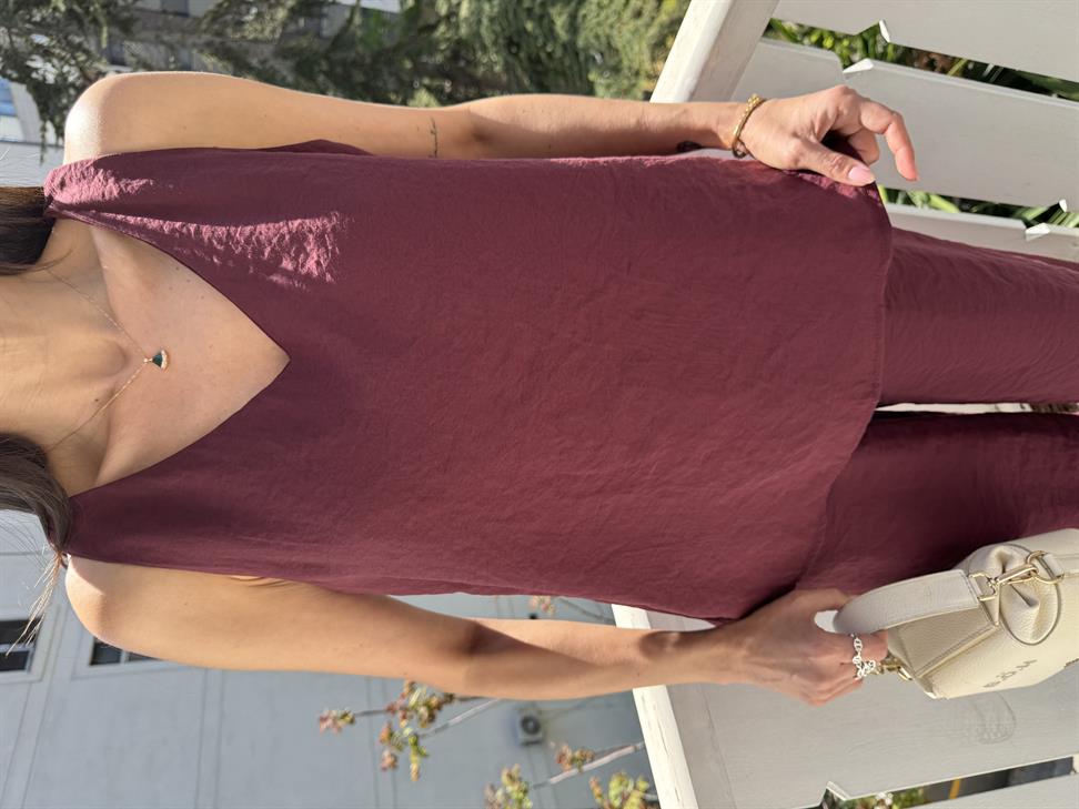 Bordo V Yakalı Kolsuz Bluz Pantolon Takım