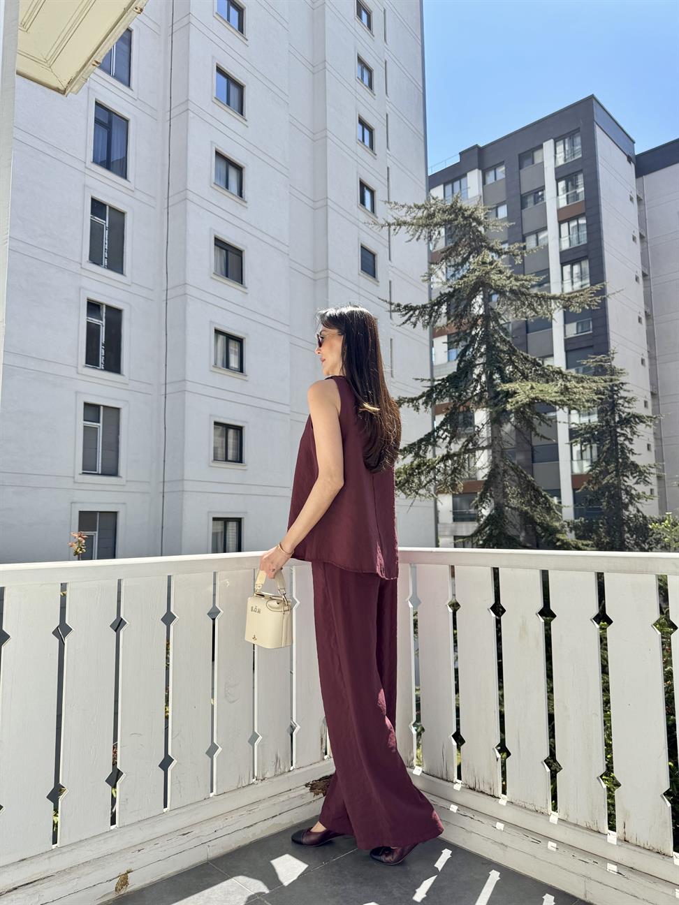 Bordo V Yakalı Kolsuz Bluz Pantolon Takım