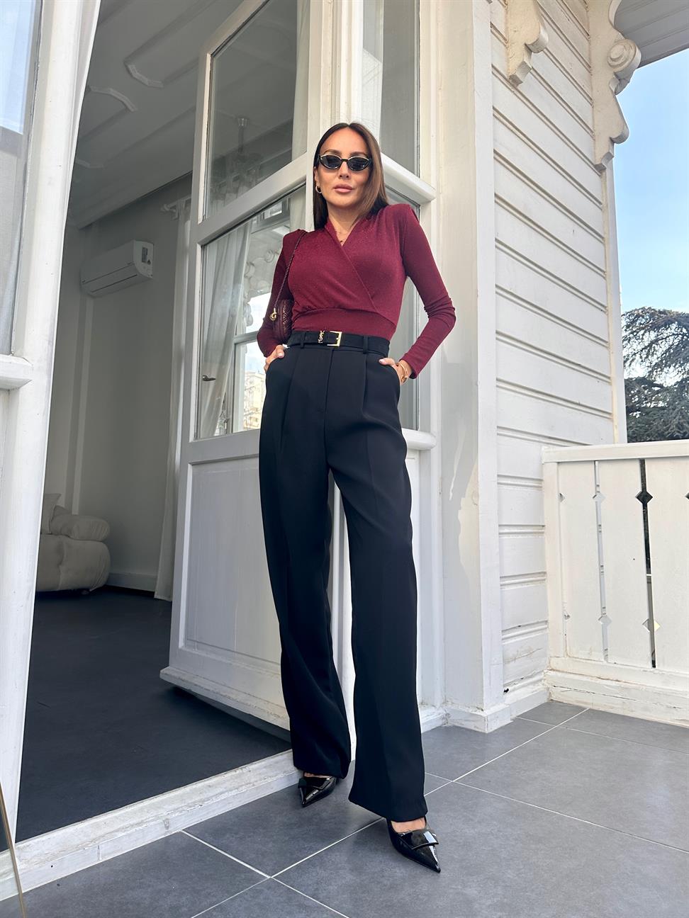 Bordo Vatkalı Sim Detaylı Bluz