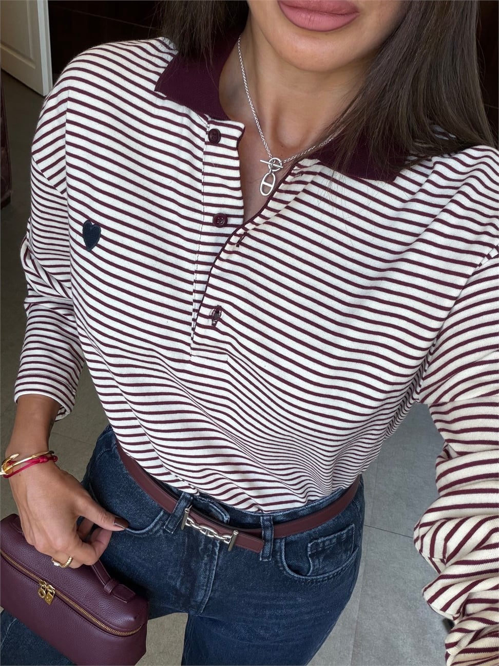 Bordo Yaka Detay Çizgili Uzun Kollu Bluz