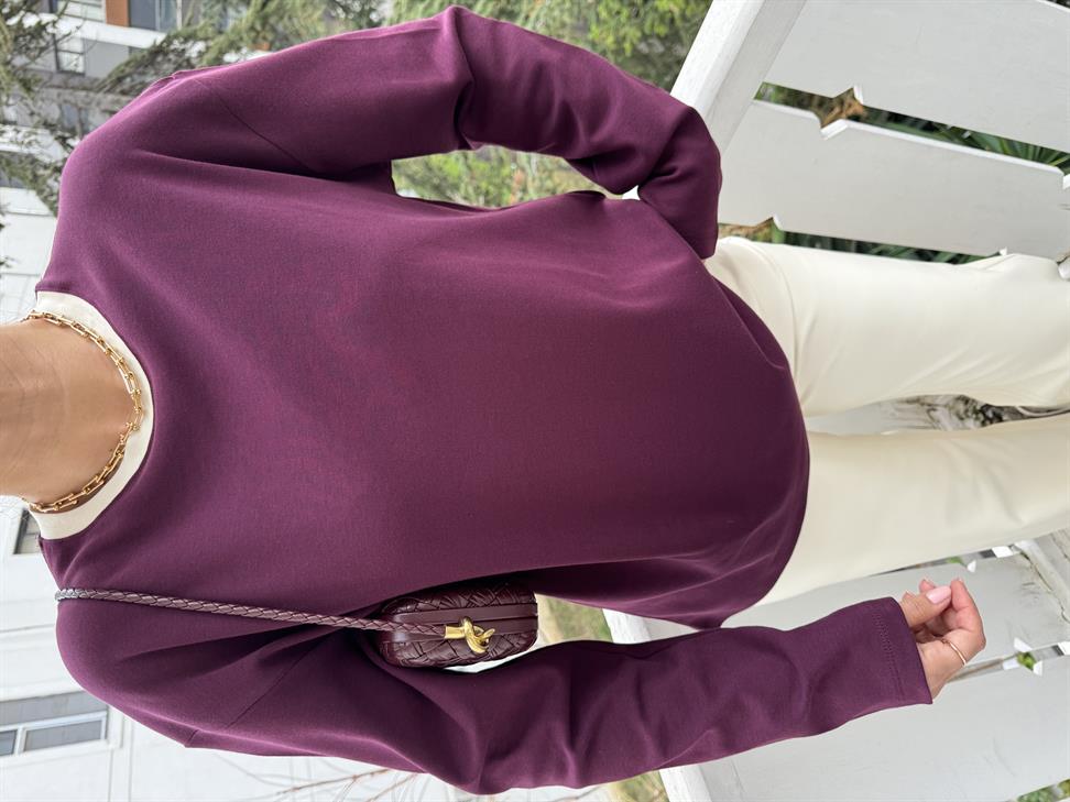 Bordo Yakası Beyaz Şeritli Sweatshirt