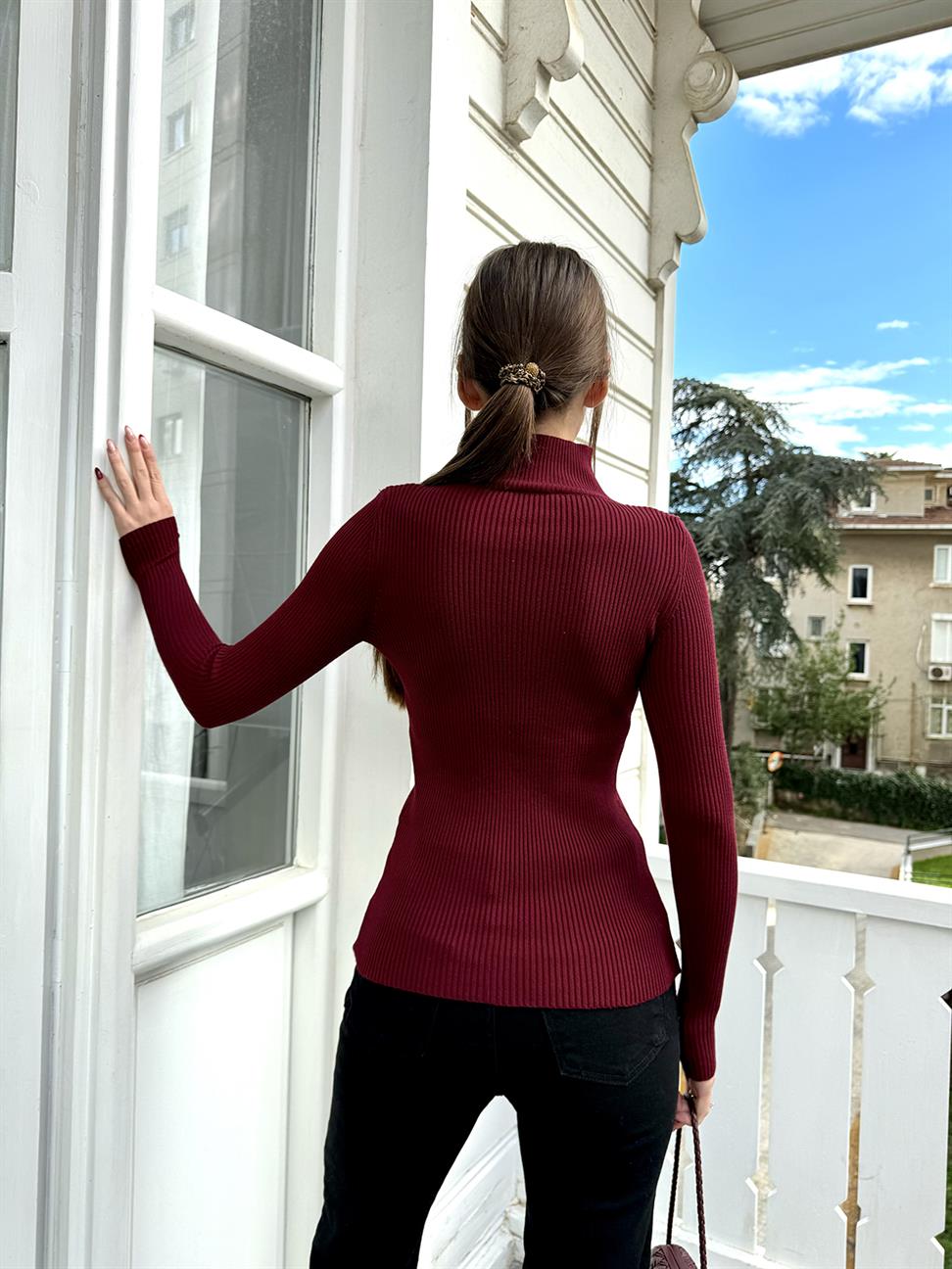 Bordo Yarım Balıkçı Önü Açık Fitilli Kazak