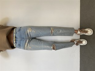 Buz Mavisi Simli Yırtık Jean Pantolon
