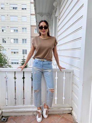 Buz Mavisi Simli Yırtık Jean Pantolon