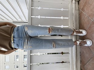 Buz Mavisi Simli Yırtık Jean Pantolon