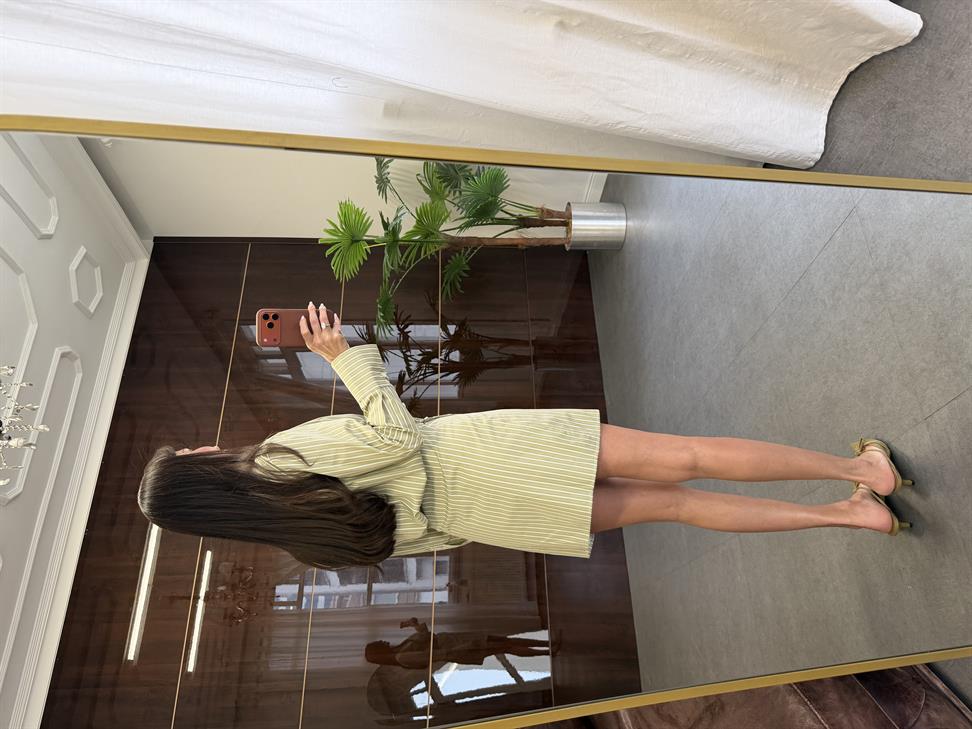 Çağla Yeşili Çizgili Mini Gömlek Elbise