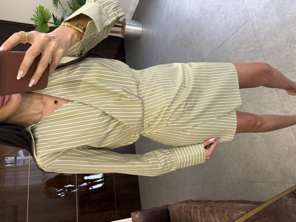 Çağla Yeşili Çizgili Mini Gömlek Elbise