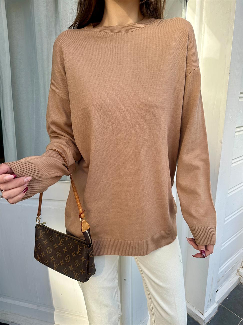 Camel Bisiklet Yaka Oversize Basic Kazak