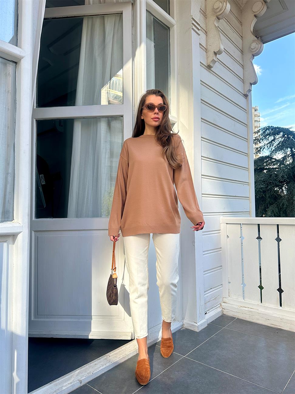 Camel Bisiklet Yaka Oversize Basic Kazak