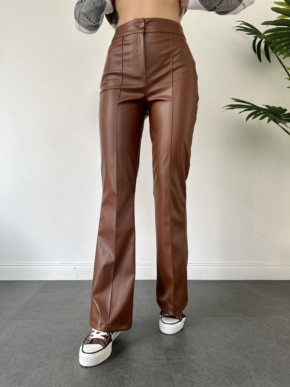 Camel İspanyol Paça Deri Pantolon