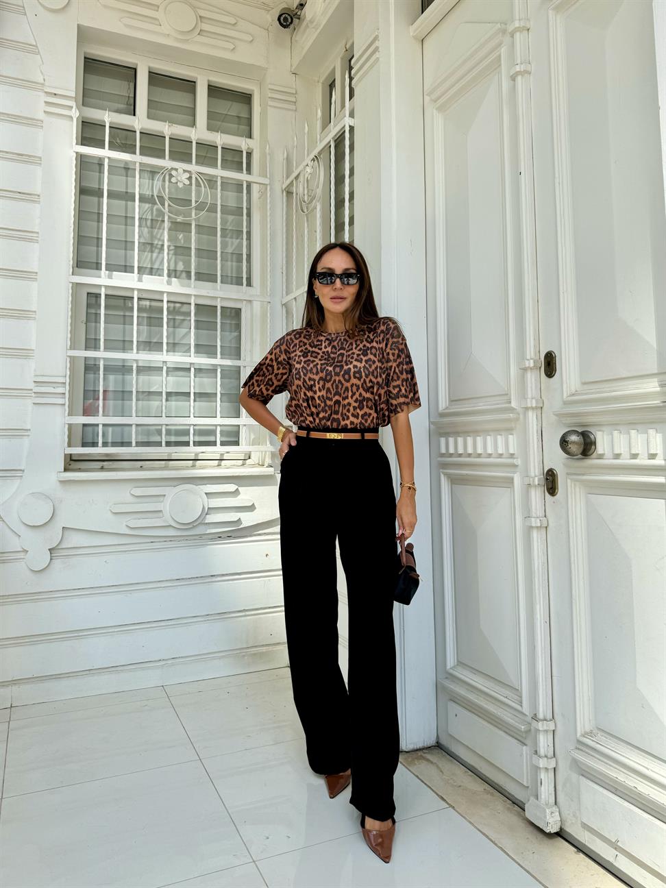Camel Leopar Baskılı Bisiklet Yaka Triko Bluz