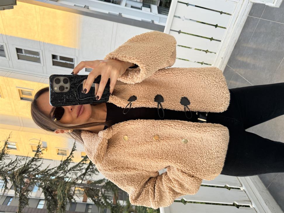 Camel Peluş Düğmeli Ceket