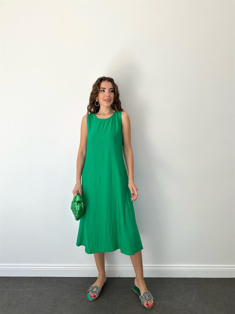 Çimen Yeşili Kolsuz Uzun Elbise